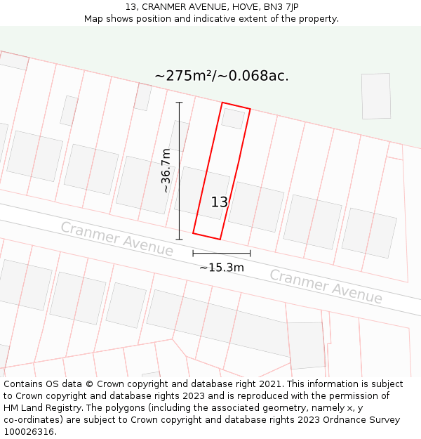 13, CRANMER AVENUE, HOVE, BN3 7JP: Plot and title map