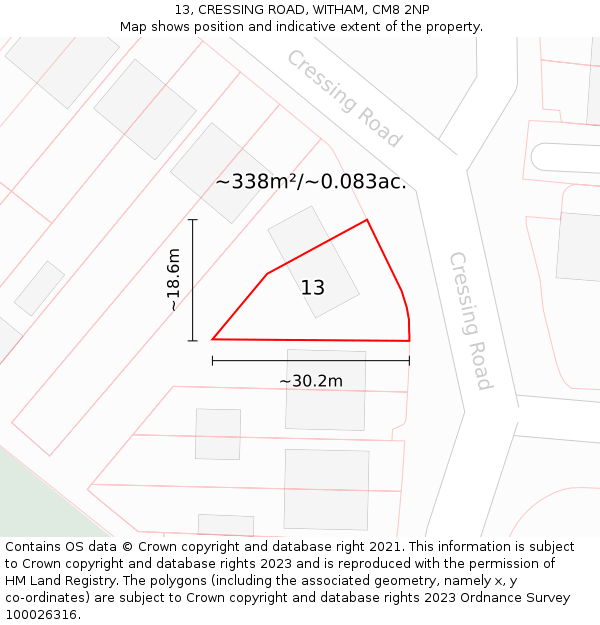 13, CRESSING ROAD, WITHAM, CM8 2NP: Plot and title map