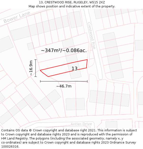 13, CRESTWOOD RISE, RUGELEY, WS15 2XZ: Plot and title map