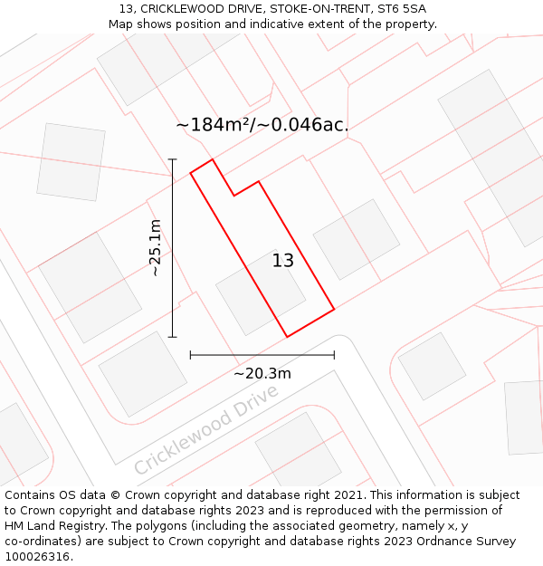 13, CRICKLEWOOD DRIVE, STOKE-ON-TRENT, ST6 5SA: Plot and title map