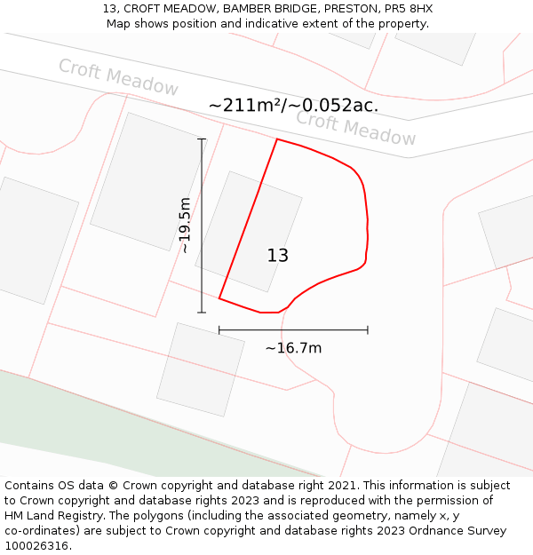 13, CROFT MEADOW, BAMBER BRIDGE, PRESTON, PR5 8HX: Plot and title map