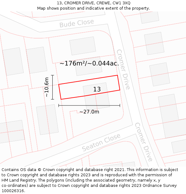 13, CROMER DRIVE, CREWE, CW1 3XQ: Plot and title map