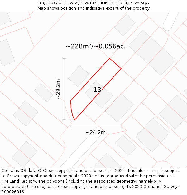 13, CROMWELL WAY, SAWTRY, HUNTINGDON, PE28 5QA: Plot and title map