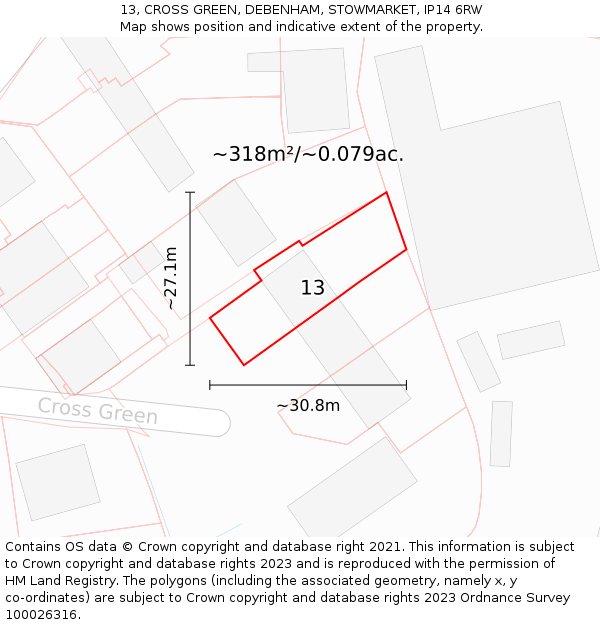 13, CROSS GREEN, DEBENHAM, STOWMARKET, IP14 6RW: Plot and title map