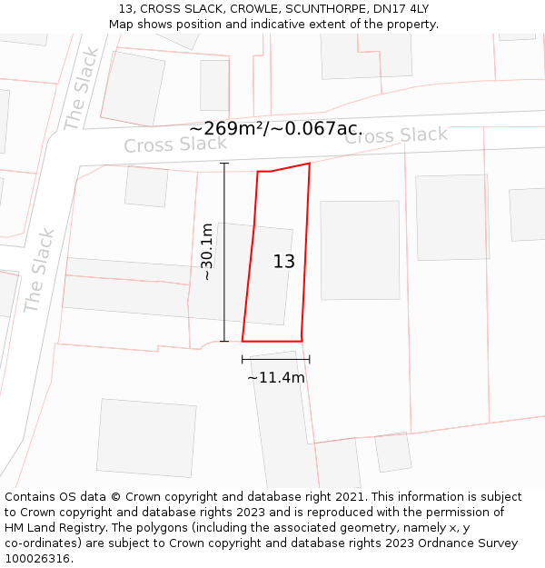 13, CROSS SLACK, CROWLE, SCUNTHORPE, DN17 4LY: Plot and title map