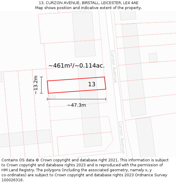 13, CURZON AVENUE, BIRSTALL, LEICESTER, LE4 4AE: Plot and title map