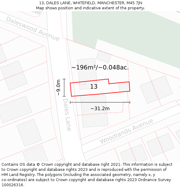 13, DALES LANE, WHITEFIELD, MANCHESTER, M45 7JN: Plot and title map