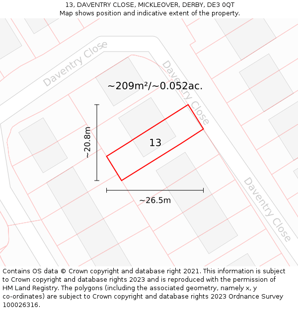 13, DAVENTRY CLOSE, MICKLEOVER, DERBY, DE3 0QT: Plot and title map