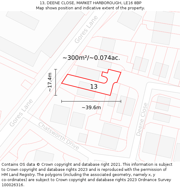 13, DEENE CLOSE, MARKET HARBOROUGH, LE16 8BP: Plot and title map