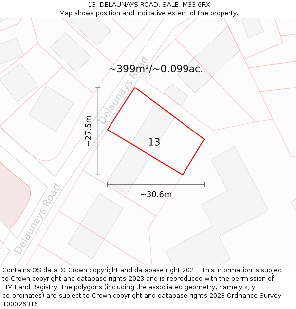 13, DELAUNAYS ROAD, SALE, M33 6RX: Plot and title map