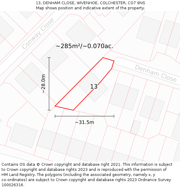 13, DENHAM CLOSE, WIVENHOE, COLCHESTER, CO7 9NS: Plot and title map