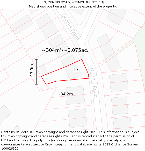 13, DENNIS ROAD, WEYMOUTH, DT4 0NJ: Plot and title map