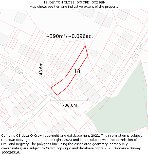 13, DENTON CLOSE, OXFORD, OX2 9BN: Plot and title map