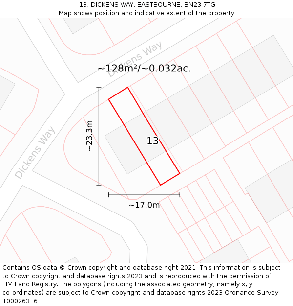 13, DICKENS WAY, EASTBOURNE, BN23 7TG: Plot and title map