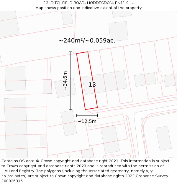 13, DITCHFIELD ROAD, HODDESDON, EN11 9HU: Plot and title map