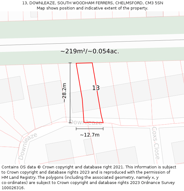 13, DOWNLEAZE, SOUTH WOODHAM FERRERS, CHELMSFORD, CM3 5SN: Plot and title map