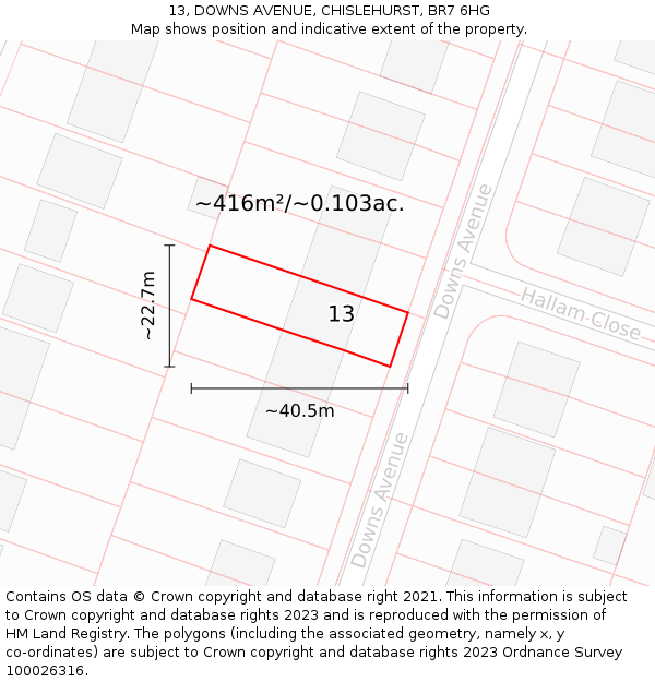 13, DOWNS AVENUE, CHISLEHURST, BR7 6HG: Plot and title map