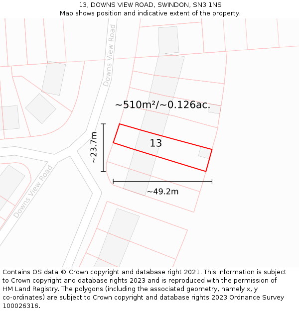 13, DOWNS VIEW ROAD, SWINDON, SN3 1NS: Plot and title map