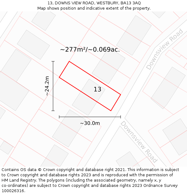 13, DOWNS VIEW ROAD, WESTBURY, BA13 3AQ: Plot and title map