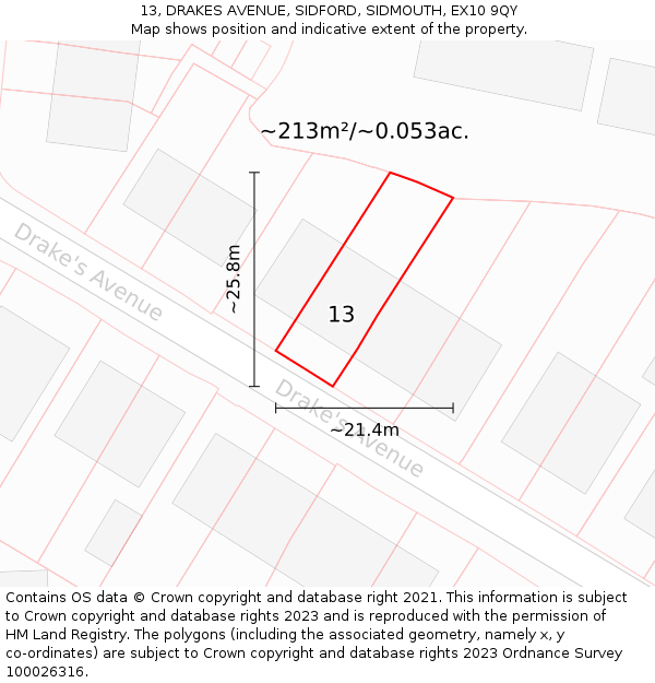 13, DRAKES AVENUE, SIDFORD, SIDMOUTH, EX10 9QY: Plot and title map