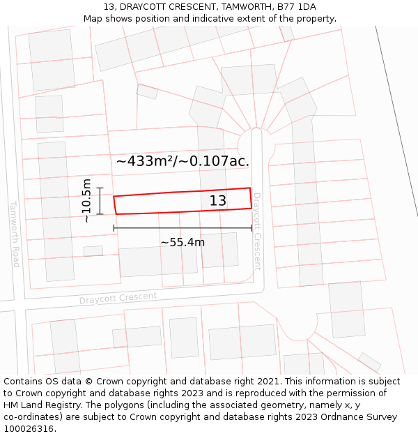 13, DRAYCOTT CRESCENT, TAMWORTH, B77 1DA: Plot and title map