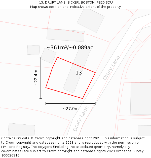 13, DRURY LANE, BICKER, BOSTON, PE20 3DU: Plot and title map