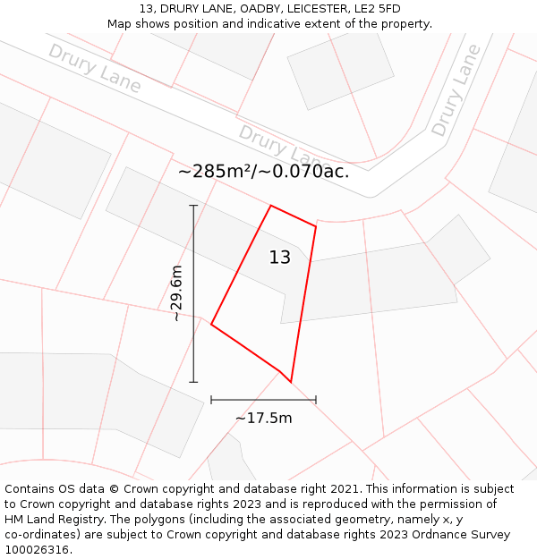 13, DRURY LANE, OADBY, LEICESTER, LE2 5FD: Plot and title map