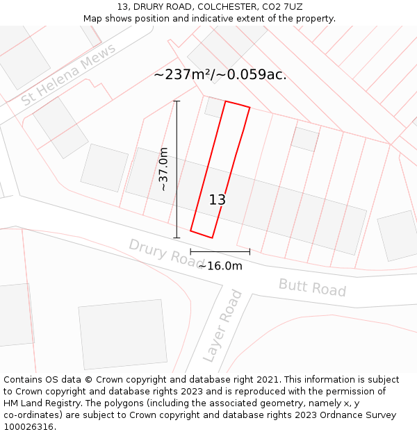 13, DRURY ROAD, COLCHESTER, CO2 7UZ: Plot and title map