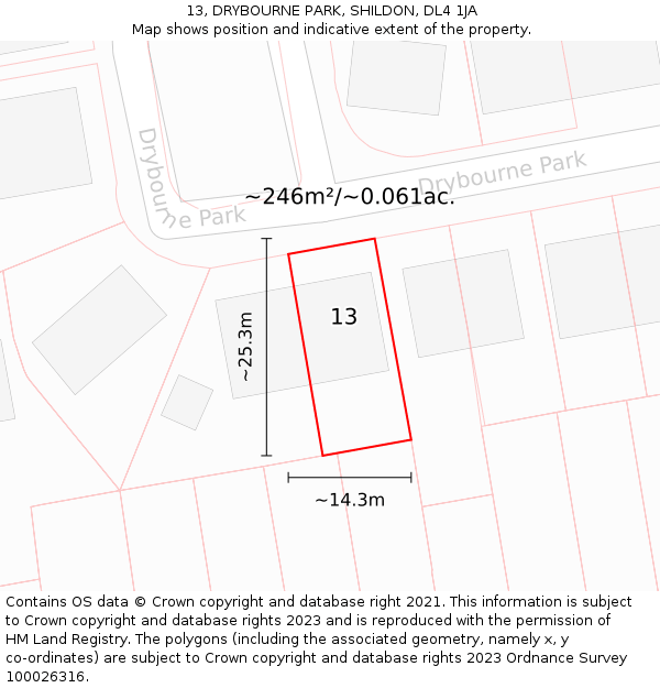 13, DRYBOURNE PARK, SHILDON, DL4 1JA: Plot and title map