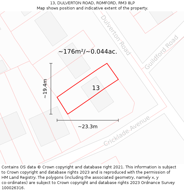 13, DULVERTON ROAD, ROMFORD, RM3 8LP: Plot and title map