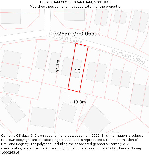 13, DURHAM CLOSE, GRANTHAM, NG31 8RH: Plot and title map