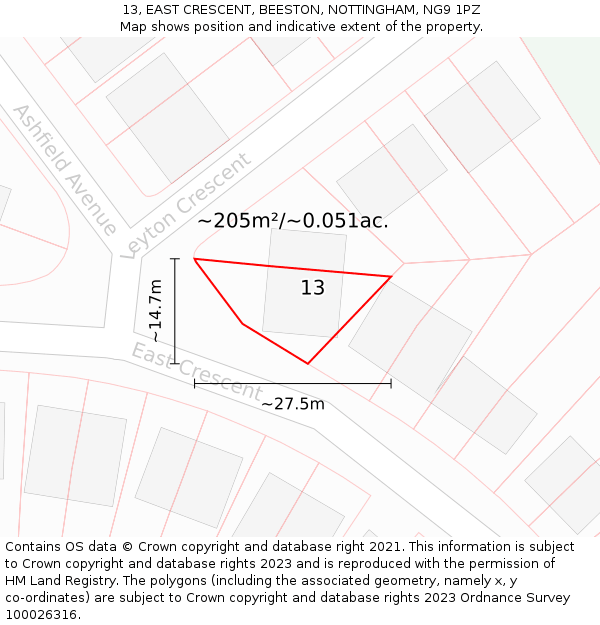 13, EAST CRESCENT, BEESTON, NOTTINGHAM, NG9 1PZ: Plot and title map