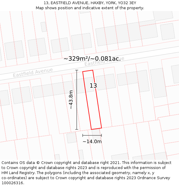 13, EASTFIELD AVENUE, HAXBY, YORK, YO32 3EY: Plot and title map