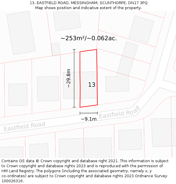 13, EASTFIELD ROAD, MESSINGHAM, SCUNTHORPE, DN17 3PQ: Plot and title map