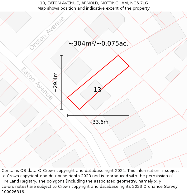 13, EATON AVENUE, ARNOLD, NOTTINGHAM, NG5 7LG: Plot and title map