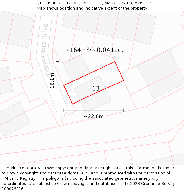 13, EDENBRIDGE DRIVE, RADCLIFFE, MANCHESTER, M26 1GN: Plot and title map