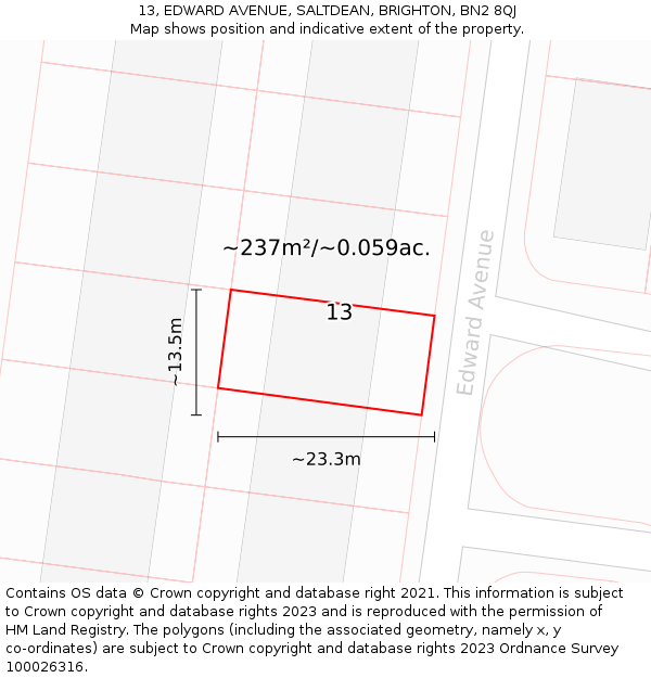13, EDWARD AVENUE, SALTDEAN, BRIGHTON, BN2 8QJ: Plot and title map