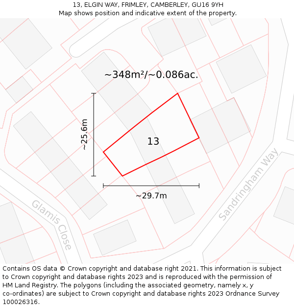 13, ELGIN WAY, FRIMLEY, CAMBERLEY, GU16 9YH: Plot and title map