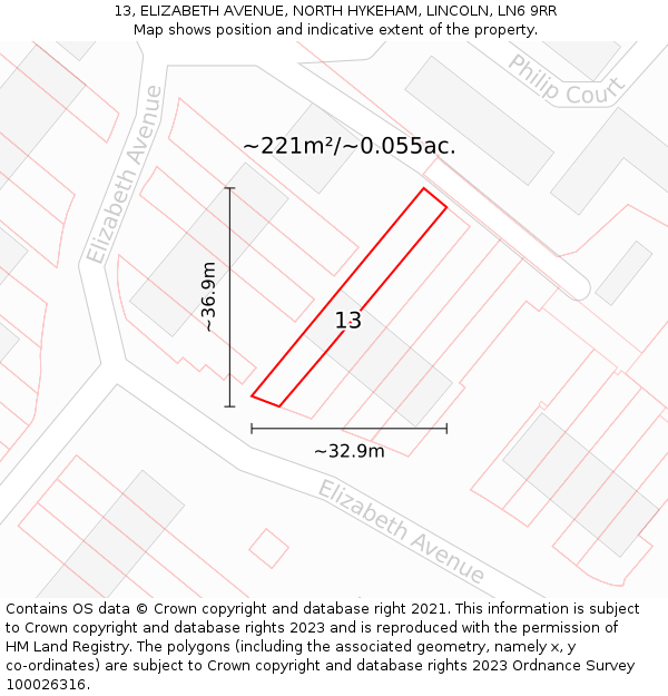 13, ELIZABETH AVENUE, NORTH HYKEHAM, LINCOLN, LN6 9RR: Plot and title map