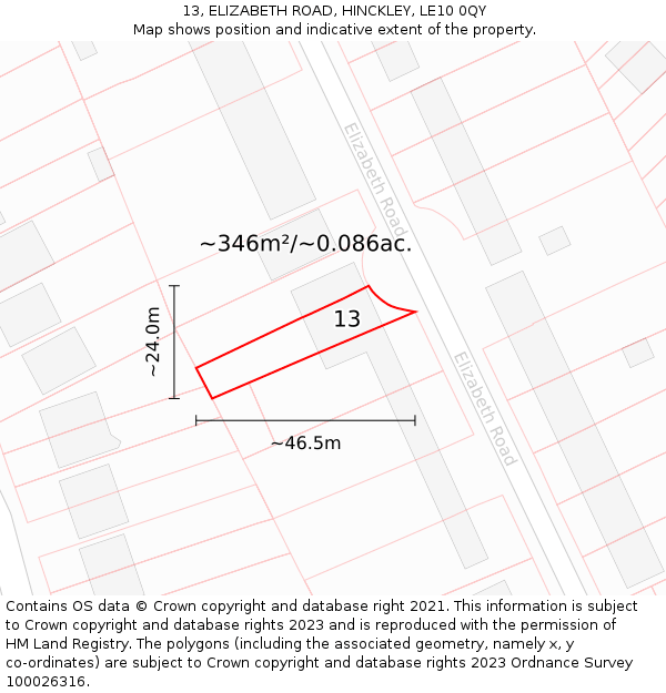 13, ELIZABETH ROAD, HINCKLEY, LE10 0QY: Plot and title map