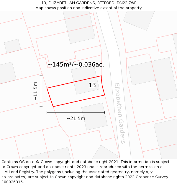 13, ELIZABETHAN GARDENS, RETFORD, DN22 7WP: Plot and title map