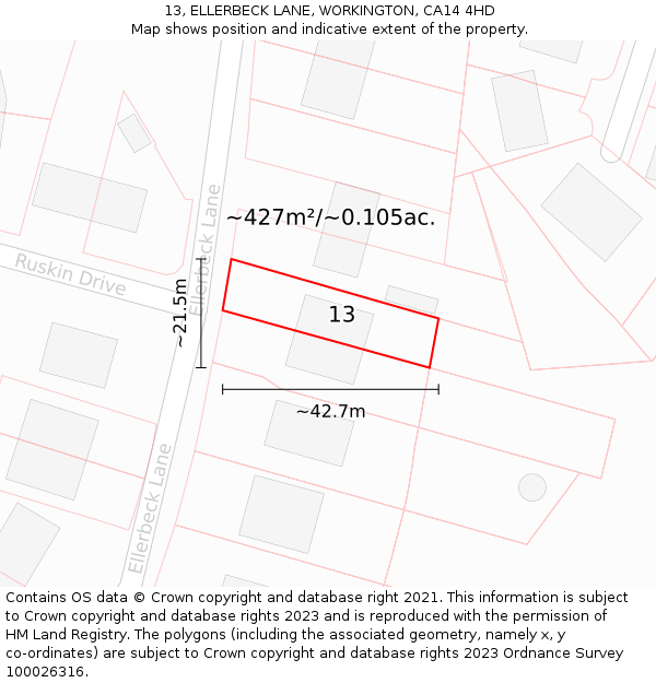 13, ELLERBECK LANE, WORKINGTON, CA14 4HD: Plot and title map