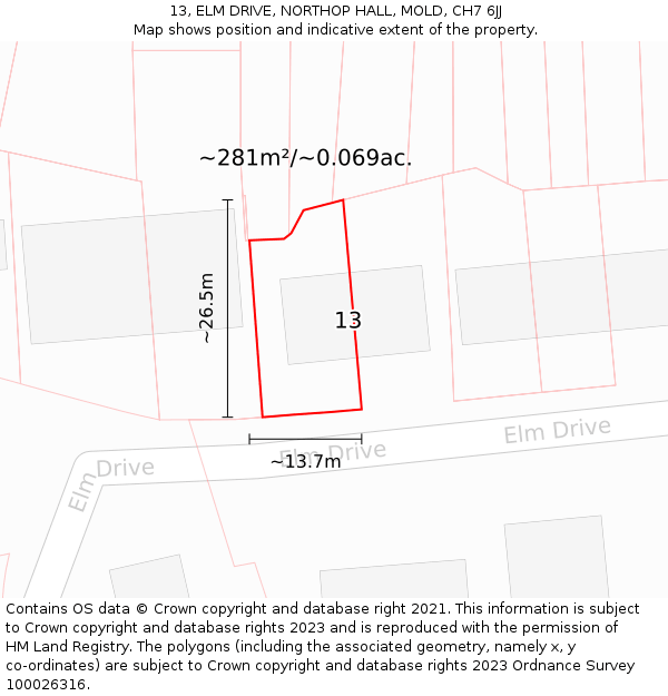 13, ELM DRIVE, NORTHOP HALL, MOLD, CH7 6JJ: Plot and title map