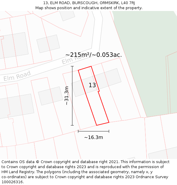 13, ELM ROAD, BURSCOUGH, ORMSKIRK, L40 7RJ: Plot and title map