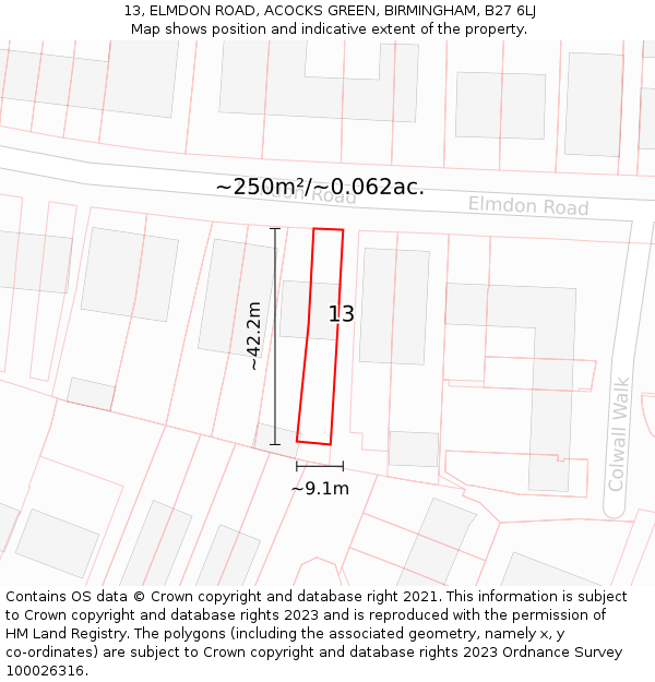 13, ELMDON ROAD, ACOCKS GREEN, BIRMINGHAM, B27 6LJ: Plot and title map