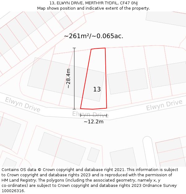 13, ELWYN DRIVE, MERTHYR TYDFIL, CF47 0NJ: Plot and title map