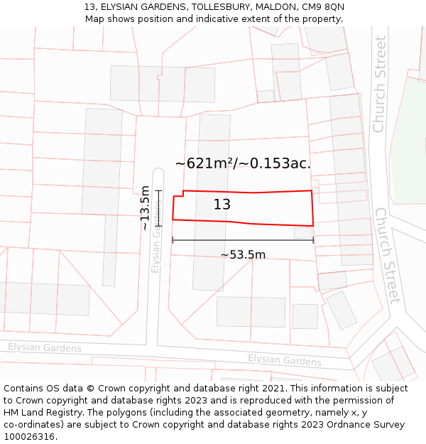 13, ELYSIAN GARDENS, TOLLESBURY, MALDON, CM9 8QN: Plot and title map