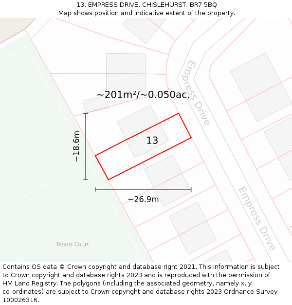 13, EMPRESS DRIVE, CHISLEHURST, BR7 5BQ: Plot and title map