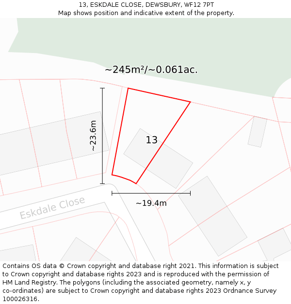 13, ESKDALE CLOSE, DEWSBURY, WF12 7PT: Plot and title map