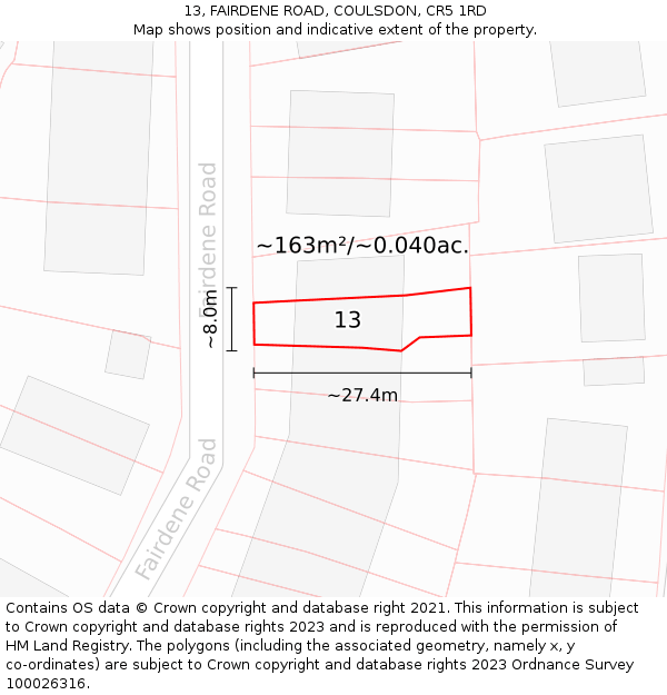 13, FAIRDENE ROAD, COULSDON, CR5 1RD: Plot and title map